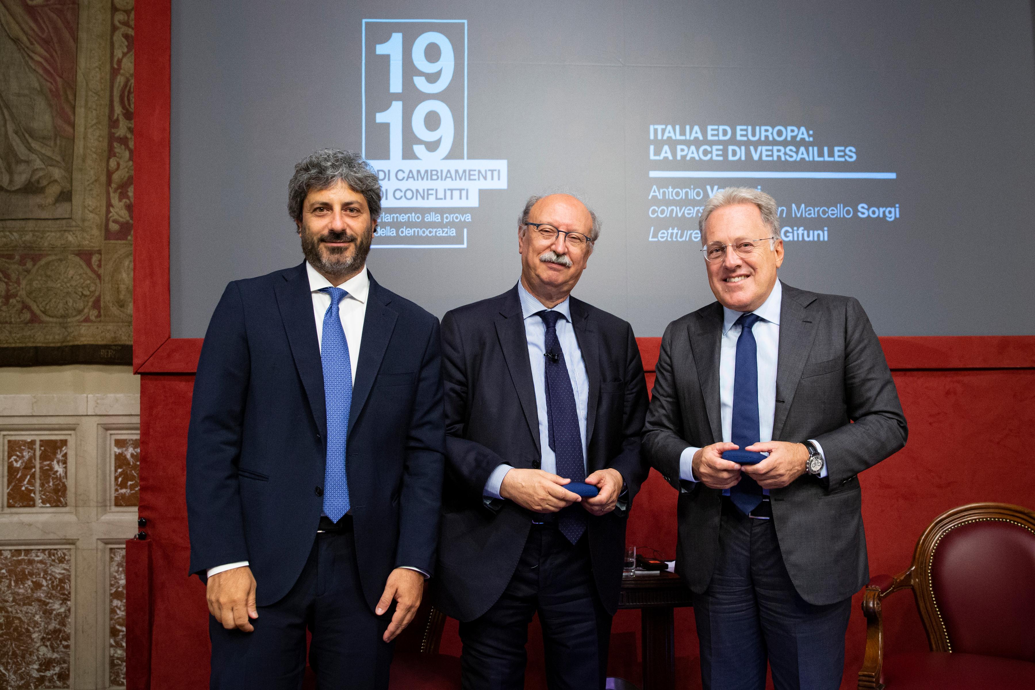 Il Presidente della Camera Roberto Fico con Marcello Sorgi e Antonio Varsori