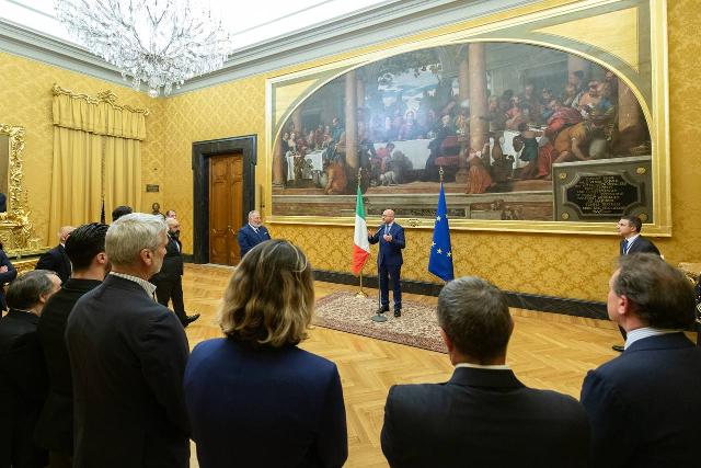 Il Presidente Lorenzo Fontana durante il suo intervento in occasione dell'incontro con alcuni atleti della Nazionale Italiana Campioni Olimpici