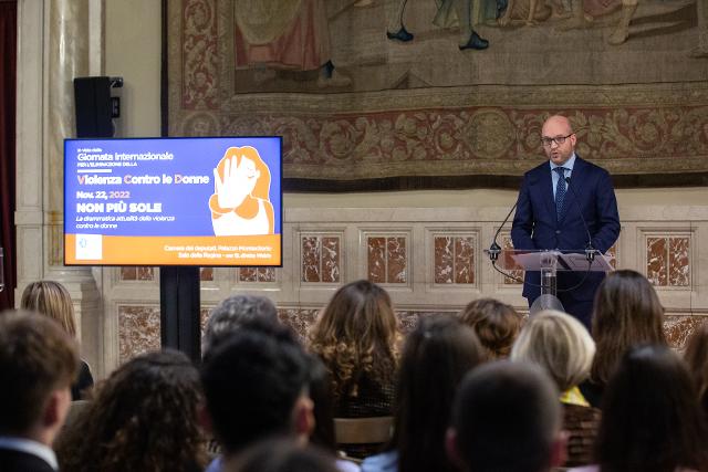 Il Presidente della Camera dei deputati, Lorenzo Fontana, all'iniziativa in occasione della Giornata internazionale per l'eliminazione della violenza contro le donne dal titolo 'NON PIÙ SOLE. La drammatica attualità della violenza contro le donne'