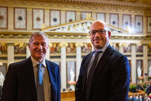 Il Presidente della Camera dei deputati, Lorenzo Fontana, in un momento dell'inaugurazione della sede restaurata del Parlamento austriaco