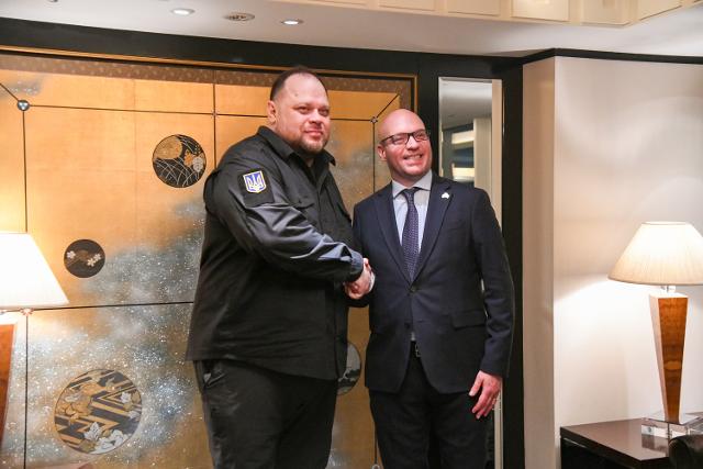Il Presidente Fontana con lo Speaker della Verkhovna Rada d’Ucraina, Ruslan Stefanchuk, durante l'incontro bilaterale in occasione della 21° Riunione dei Presidenti delle Camere Basse dei Parlamenti del G7
