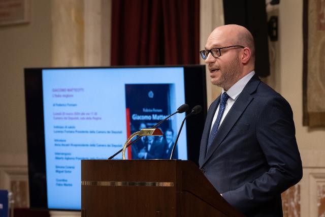 Il Presidente Fontana durante il suo indirizzo di saluto alla presentazione del libro “Giacomo Matteotti. L'Italia migliore” di Federico Fornaro