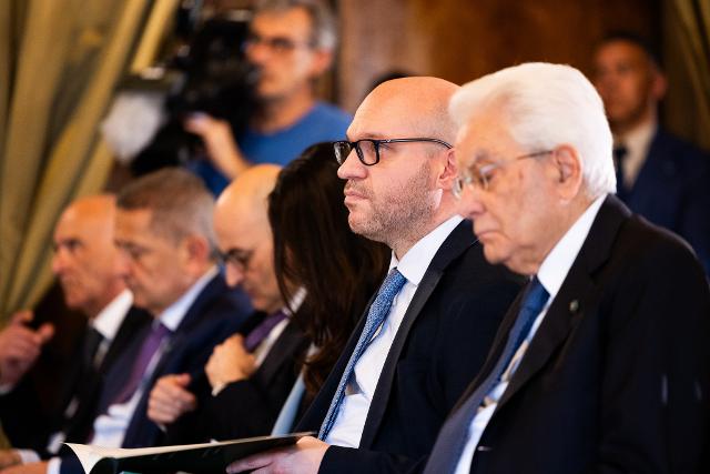 Il Presidente Fontana durante l’Adunanza pubblica a Classi Riunite per la chiusura dell'anno accademico 2023-2024 dell'Accademia dei Lincei, alla presenza del Presidente della Repubblica