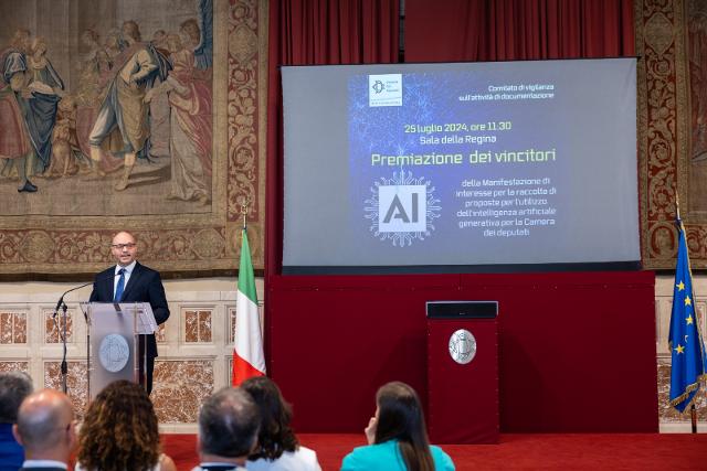 Il Presidente Fontana durante il suo indirizzo di saluto in occasione dell’evento “Intelligenza artificiale generativa per la Camera dei deputati: premiazione dei progetti vincitori della manifestazione di interesse”