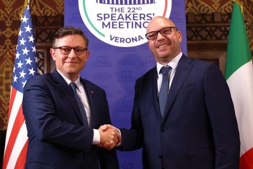 Il Presidente Fontana con Mike Johnson, Speaker della Camera dei Rappresentanti degli Stati Uniti d’America, durante l'incontro bilaterale in occasione della XXII Riunione dei Presidenti delle Camere basse dei Paesi membri del G7