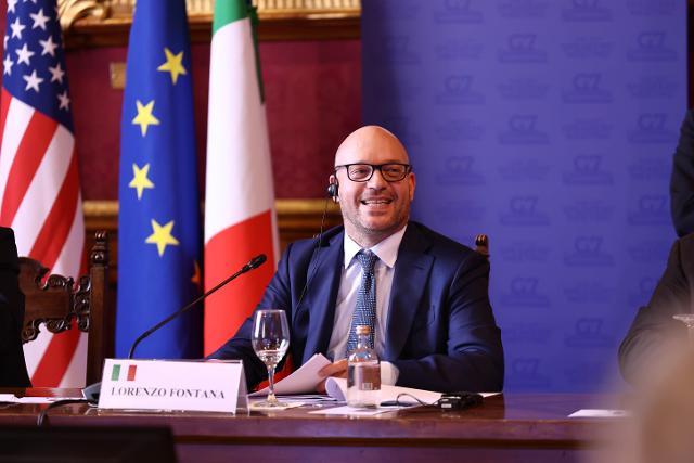Il Presidente Fontana durante il suo intervento in occasione della XXII Riunione dei Presidenti delle Camere basse dei Paesi membri del G7