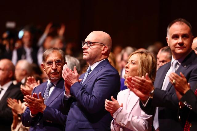 Il Presidente della Camera dei deputati, Lorenzo Fontana, con il Presidente del Senato, Ignazio La Russa, il Presidente del Consiglio, Giorgia Meloni, ed il Presidente di Confindustria, Emanuele Orsini