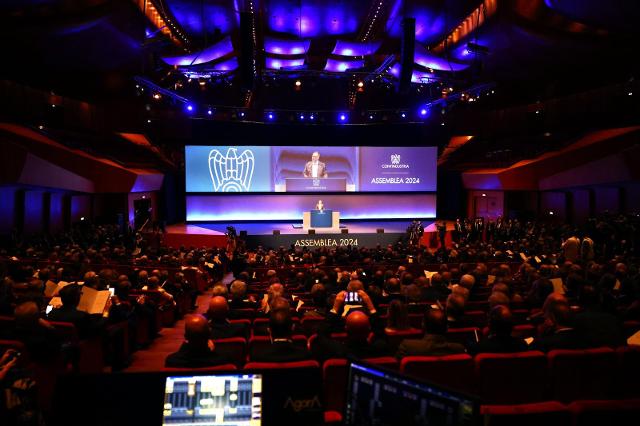 Un momento dell'intervento del Presidente di Confindustria, Emanuele Orsini, durante l'Assemblea annuale che si è tenuta a Roma, nell'Auditorium Parco della Musica Ennio Morricone.