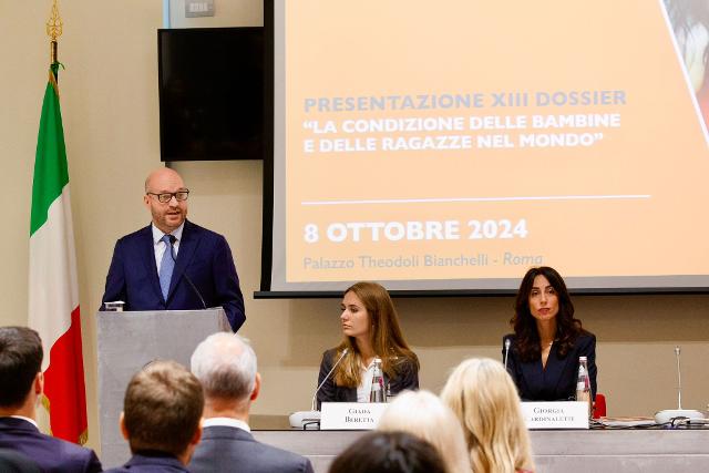 Il Presidente della Camera dei deputati, Lorenzo Fontana, in un momento della presentazione del Rapporto Indifesa sulla condizione delle bambine e delle ragazze nel mondo di Terre des Hommes