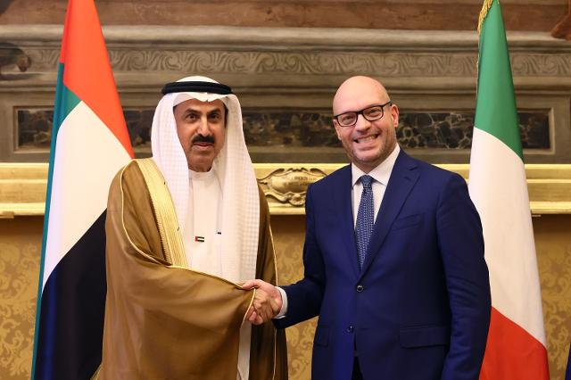 Il Presidente della Camera dei deputati, Lorenzo Fontana, con il Presidente del Consiglio Federale Nazionale degli Emirati Arabi Uniti, Saqr Ghobash