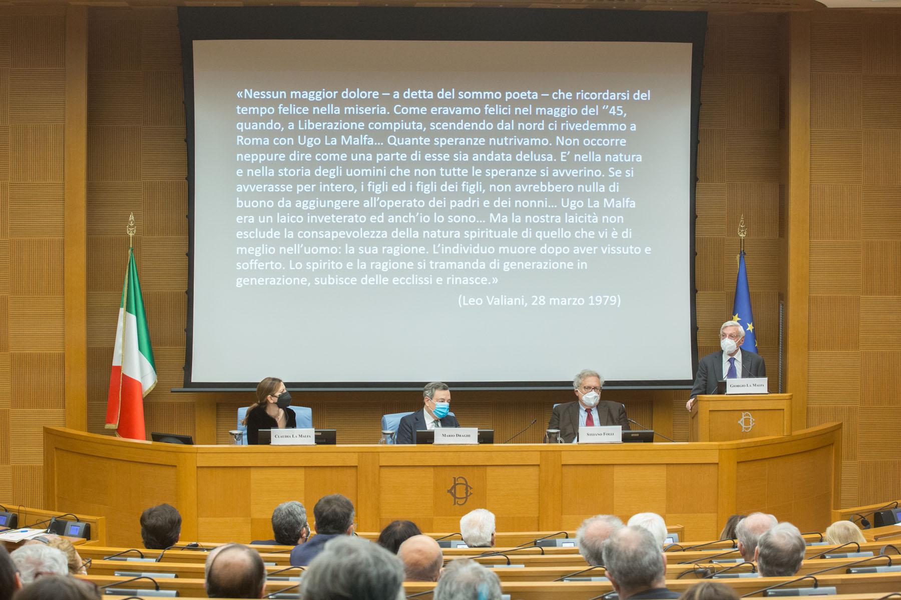 Conclusioni di Giorgio La Malfa, nella foto anche il Presidente del Consiglio, Mario Draghi
