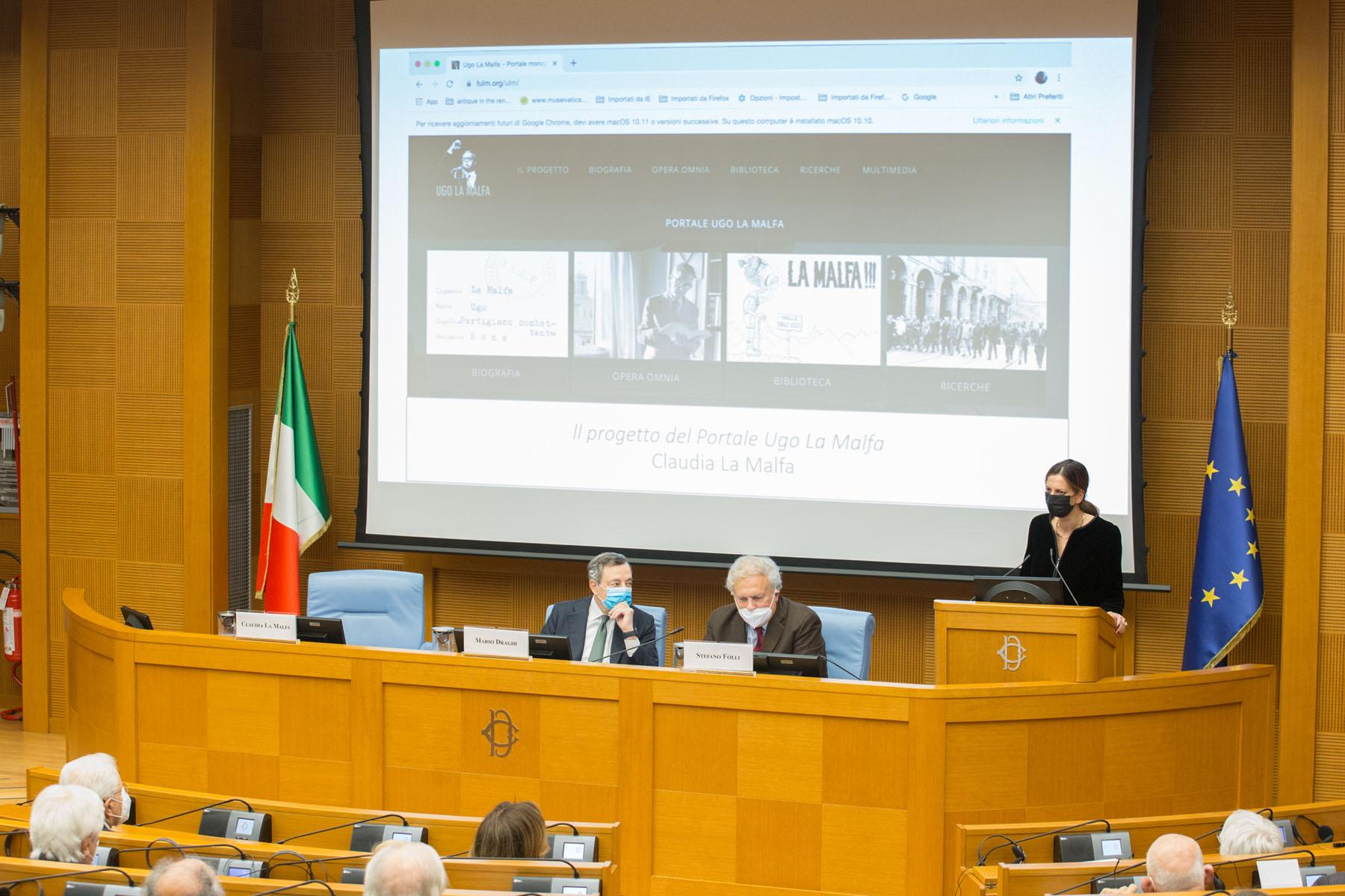 Intervento della curatrice del Portale, Claudia La Malfa, nella foto anche il Presidente del Consiglio, Mario Draghi