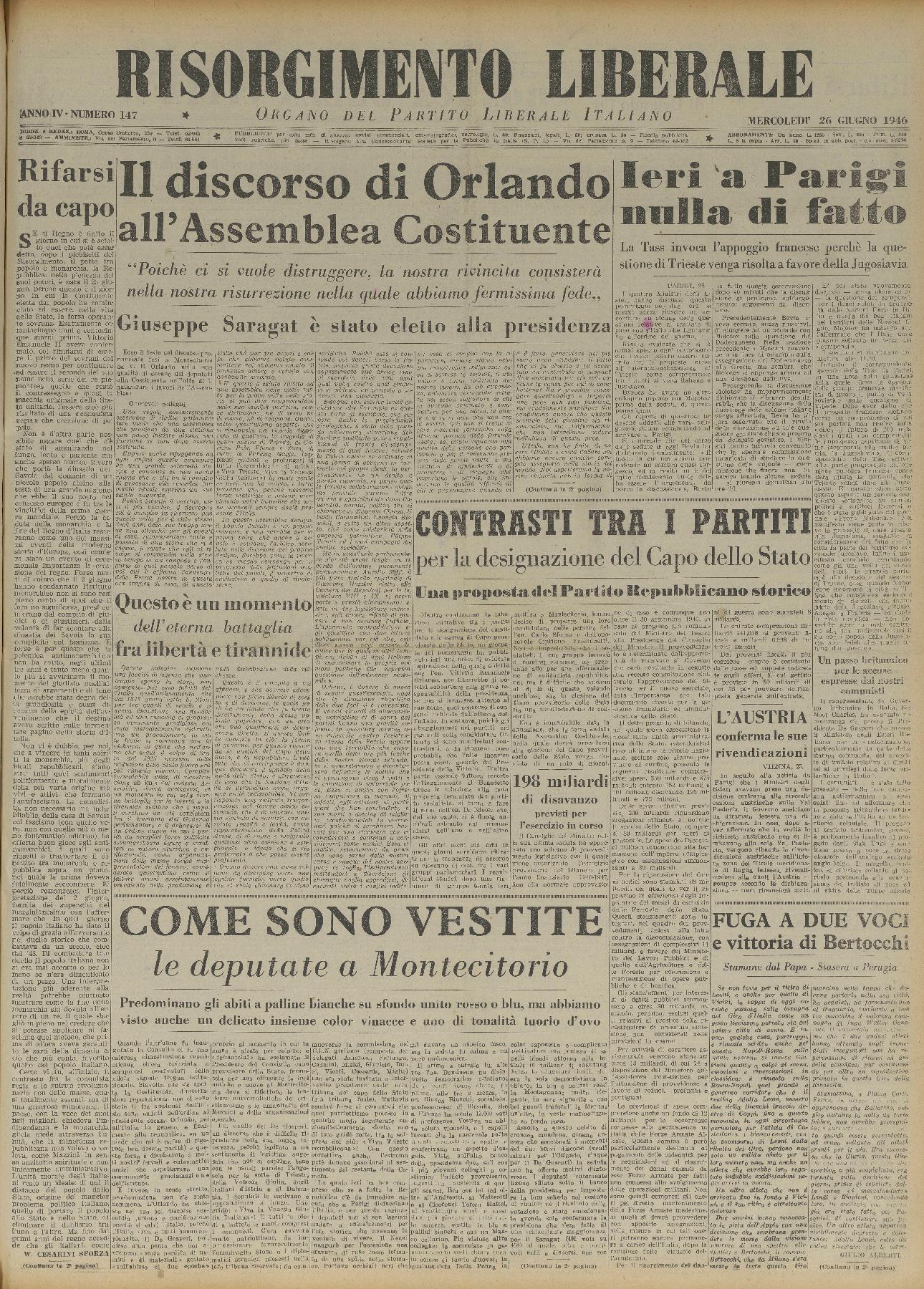 26 giugno 1946 - Prima pagina del quotidiano "Risorgimento Liberale".