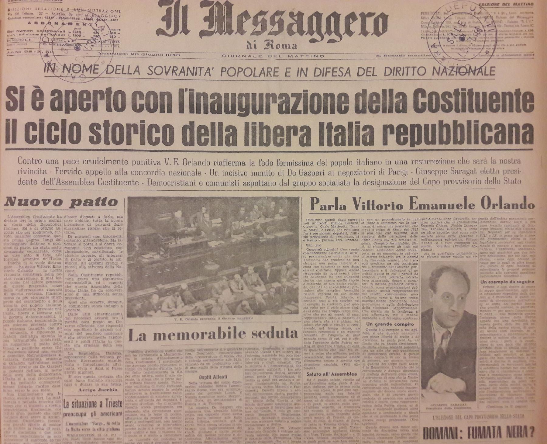 26 giugno 1946 - Prima pagina del quotidiano "Il Messaggero".