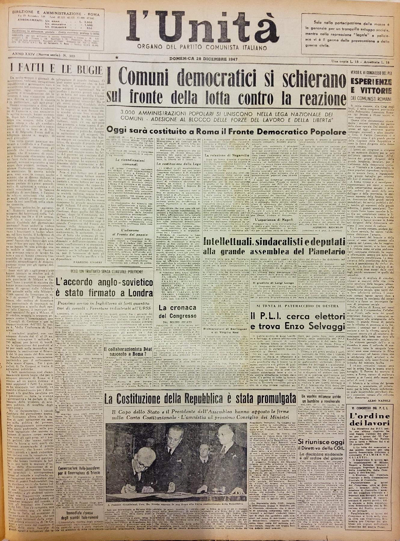 28 dicembre 1947 - Prima pagina del quotidiano "L'Unità"