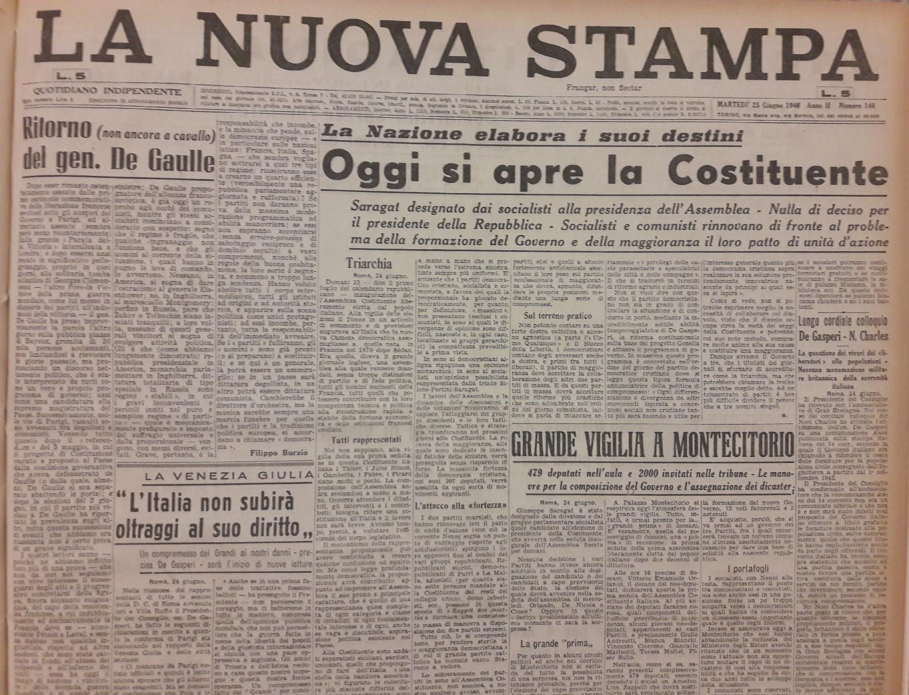25 giugno 1946 - Prima pagina del quotidiano "La Nuova Stampa".