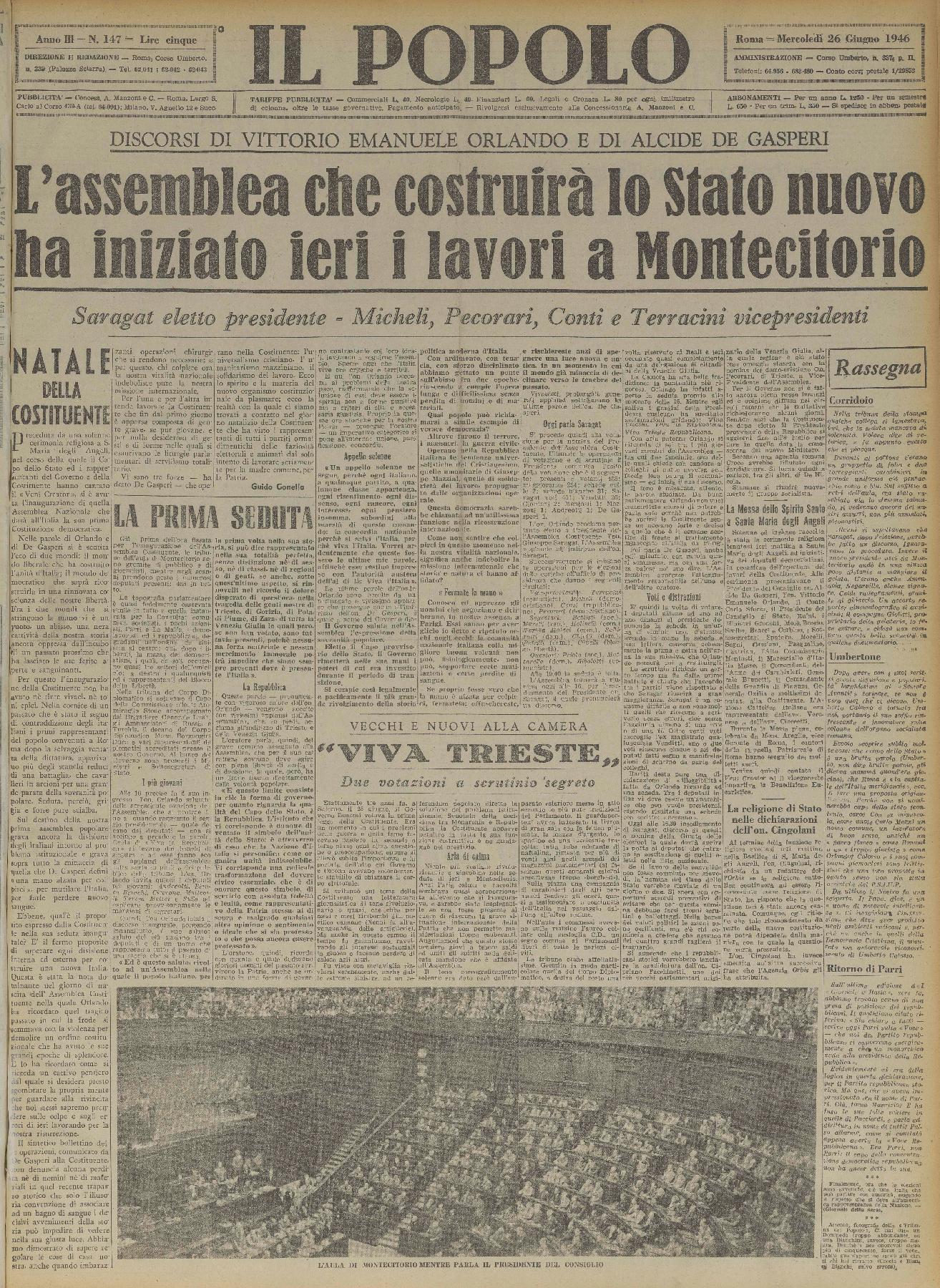 26 giugno 1946 - Prima pagina del quotidiano "Il Popolo".