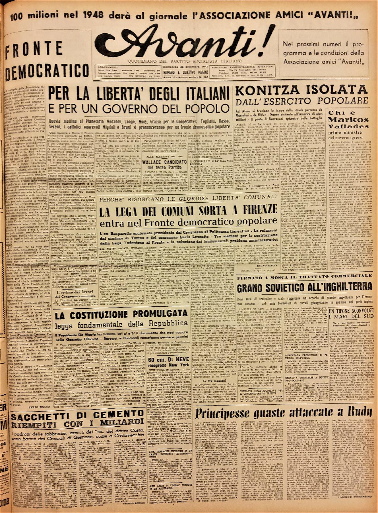 28 dicembre 1947 - Prima pagina del quotidiano "Avanti!"