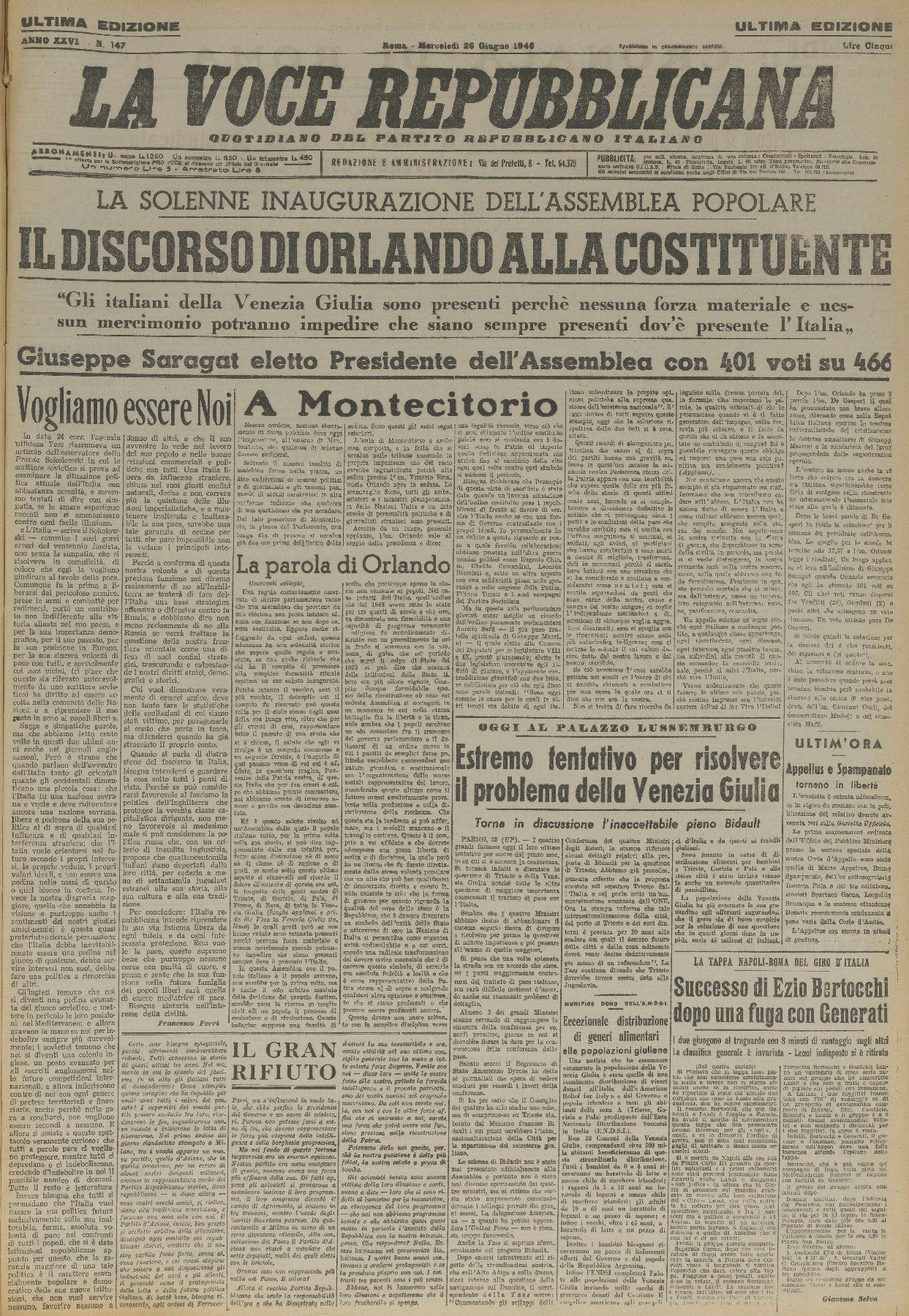 26 giugno 1946 - Prima pagina del quotidiano "La voce repubblicana".