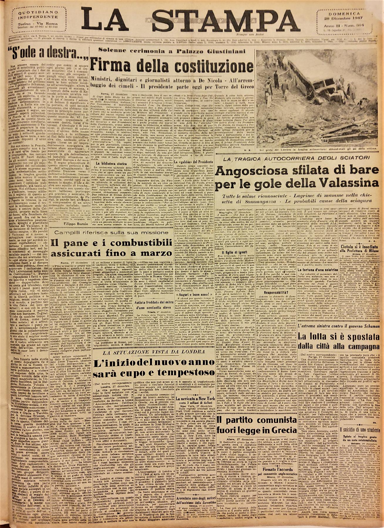 28 dicembre 1947 - Prima pagina del quotidiano "La Stampa"