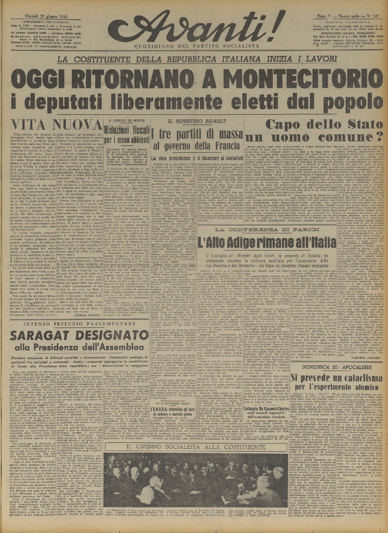 25 giugno 1946 - Prima pagina del quotidiano "Avanti!"