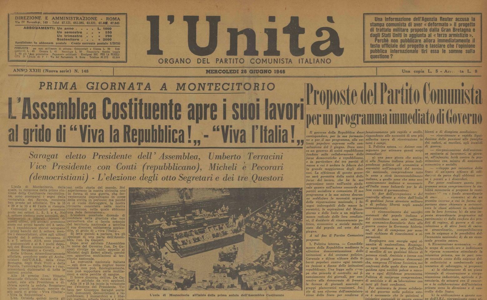 25 giugno 1946 - Prima pagina del quotidiano "L'Unità".