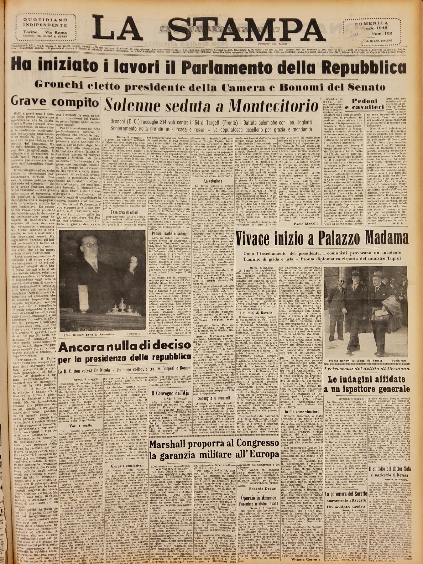 9 maggio 1948 - Prima pagina del quotidiano "La Stampa".