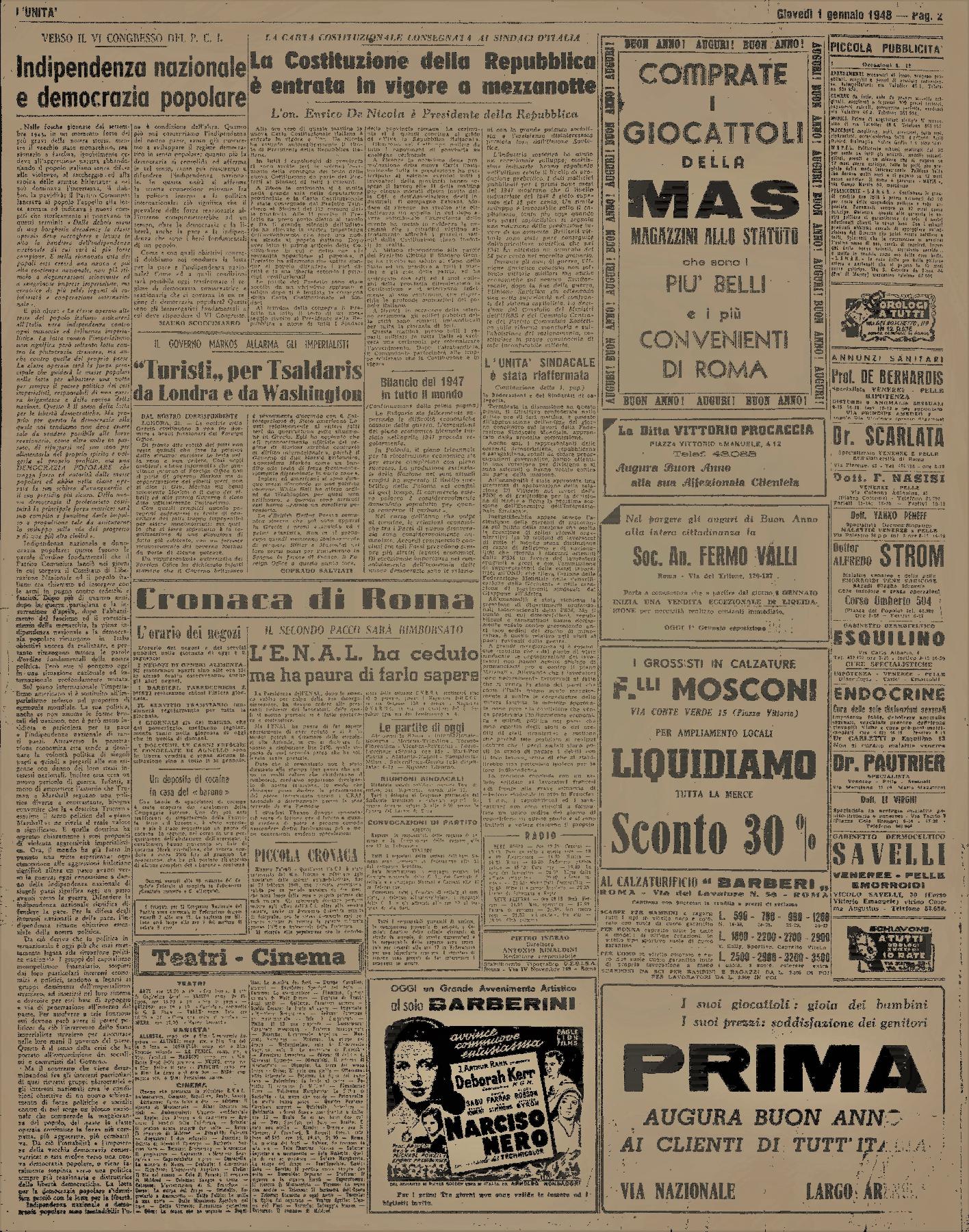1° gennaio 1948 - Pagina del quotidiano "L'Unità".