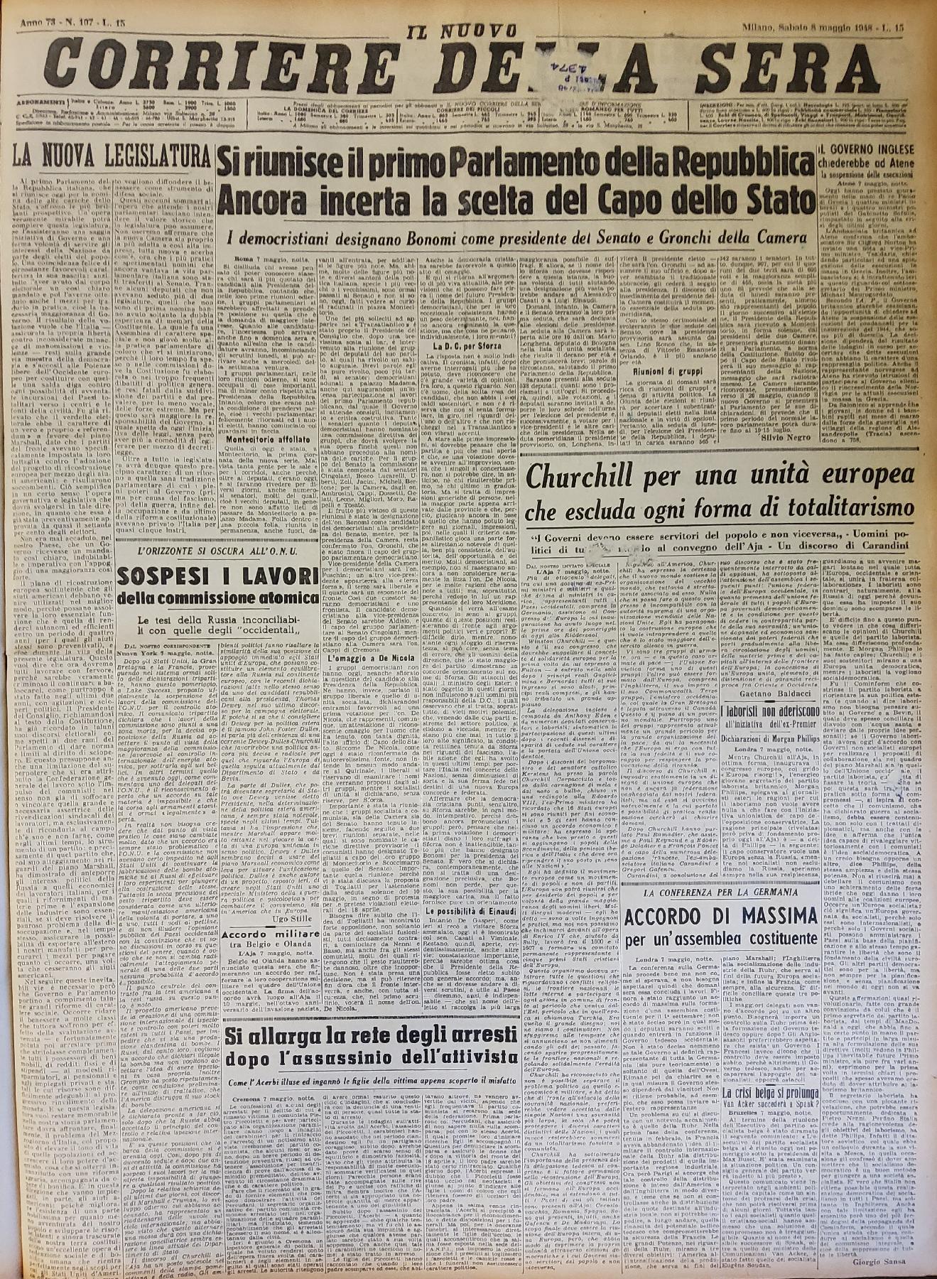 8 maggio 1948 - Prima pagina del quotidiano "Corriere della Sera".