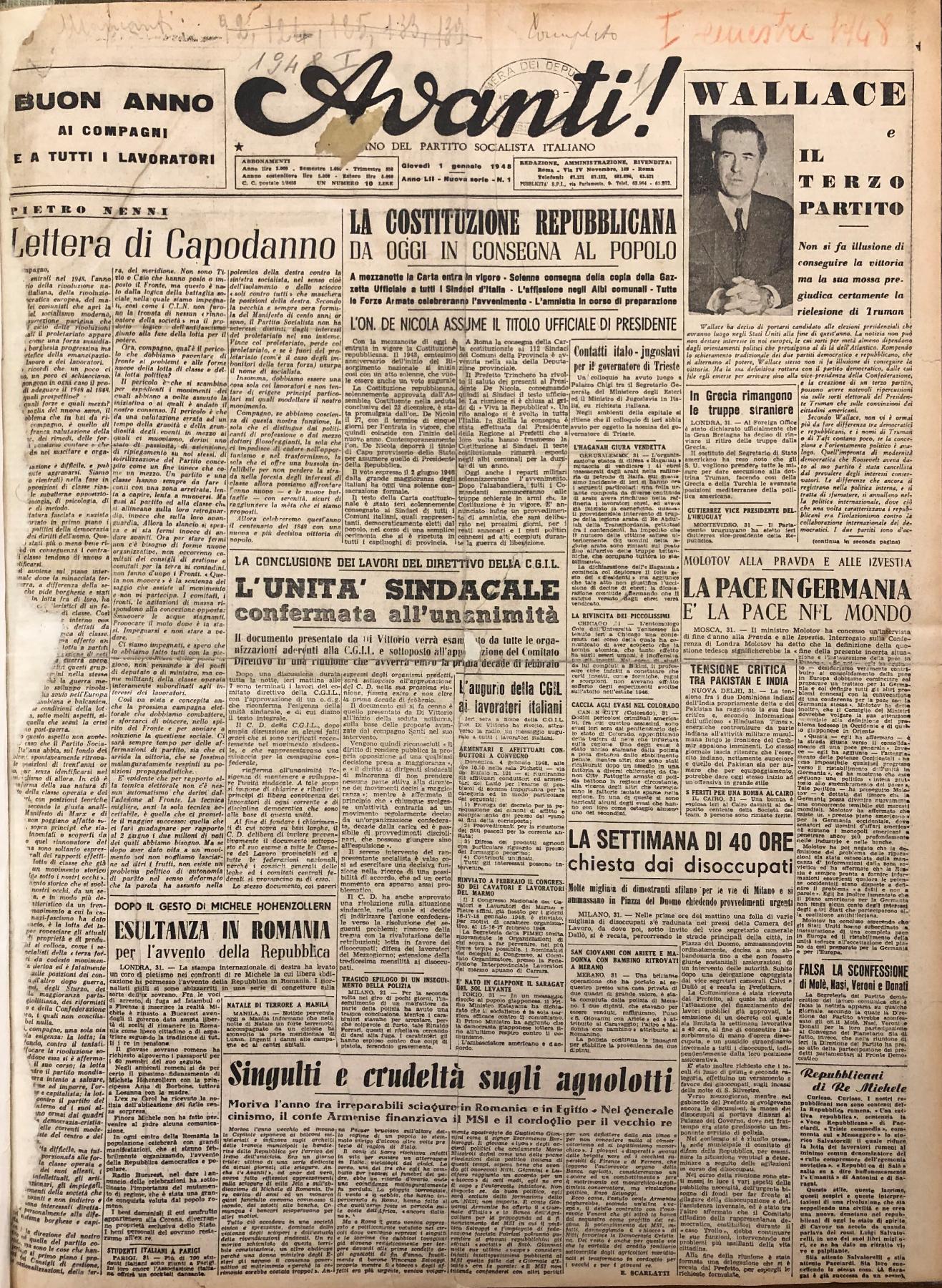 1° gennaio 1948 - Prima pagina del quotidiano "Avanti!"
