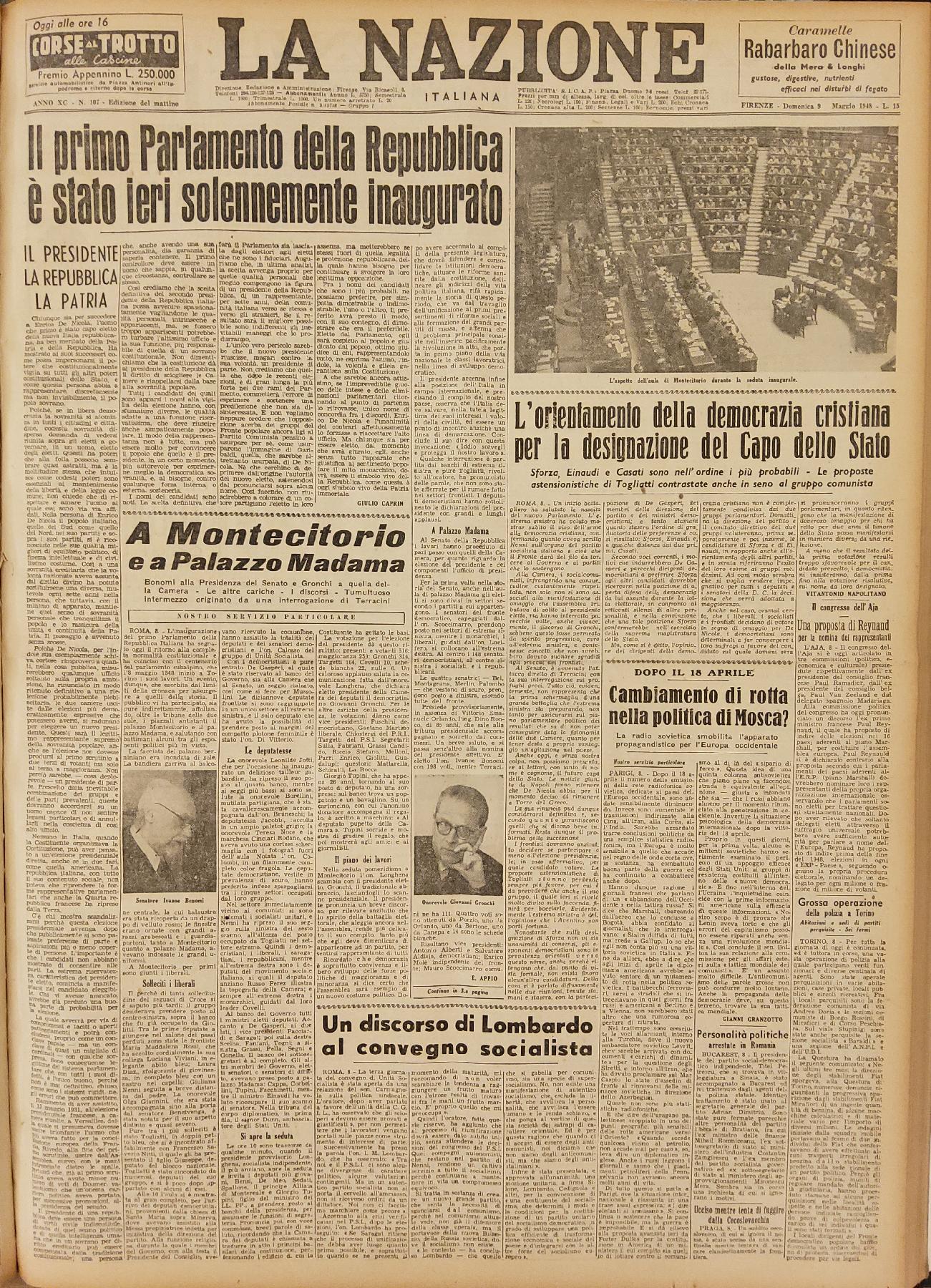 9 maggio 1948 - Prima pagina del quotidiano "La Nazione".