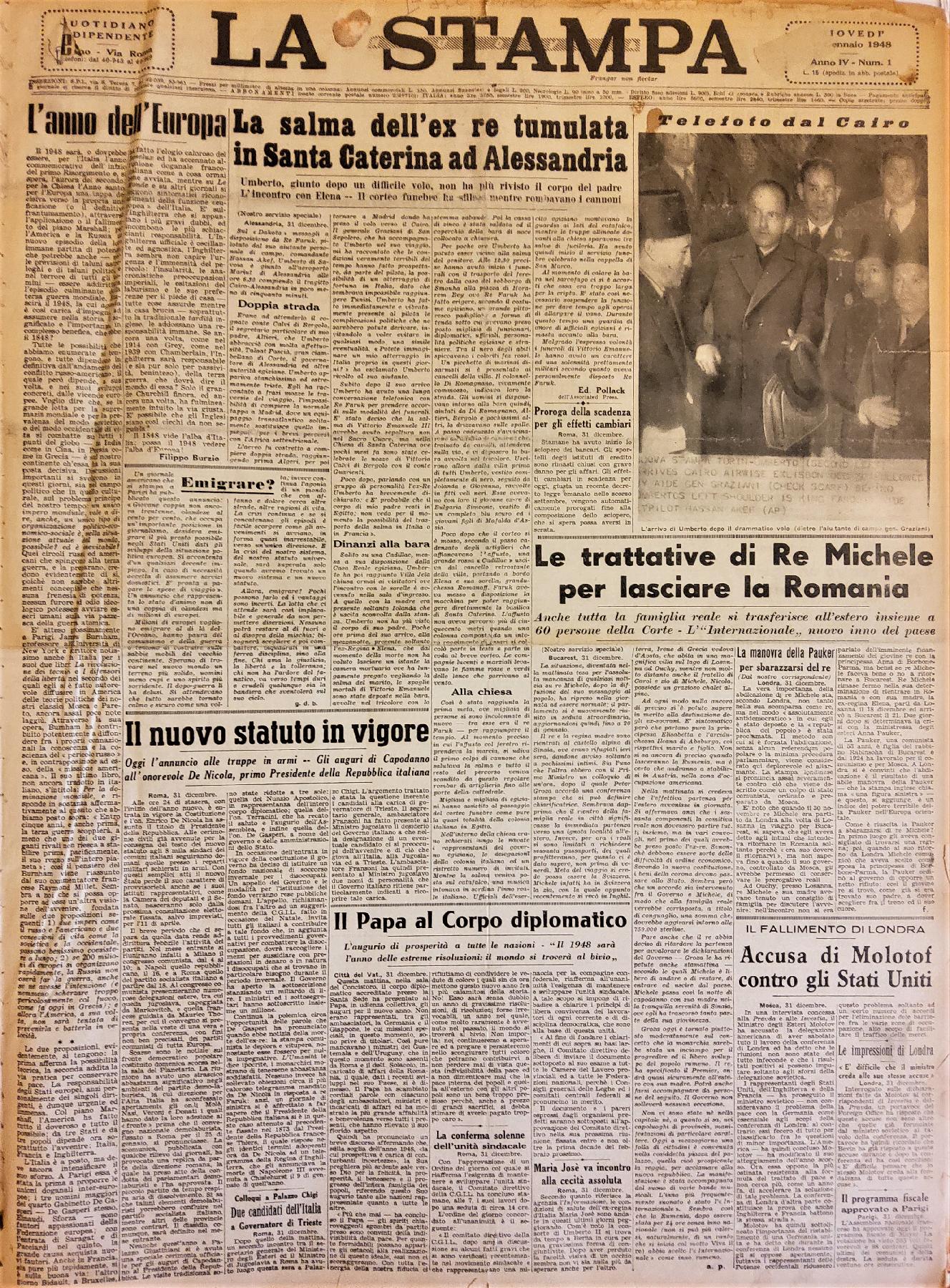 1° gennaio 1948 - Prima pagina del quotidiano "La Stampa".