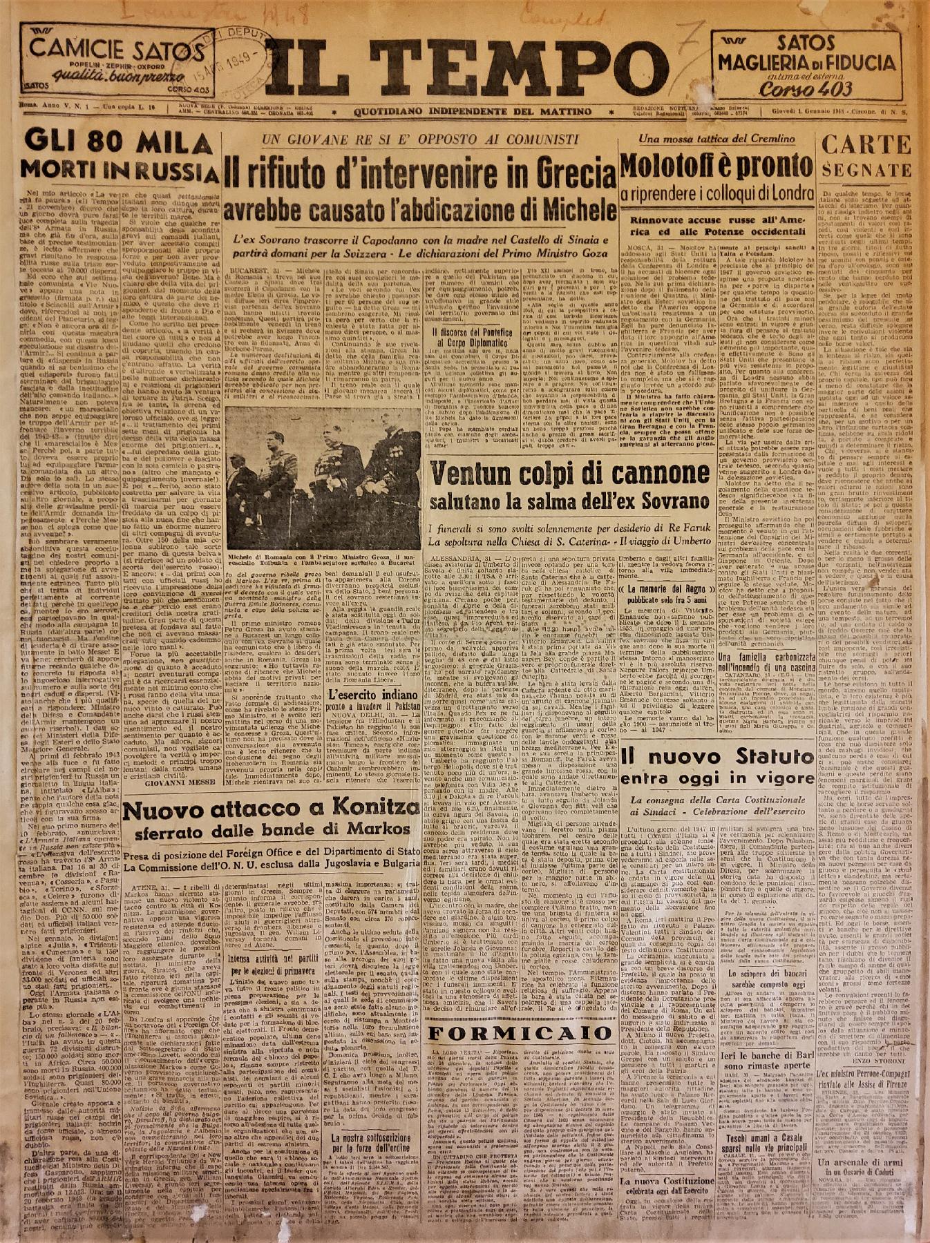 1° gennaio 1948 - Prima pagina del quotidiano "Il Tempo".