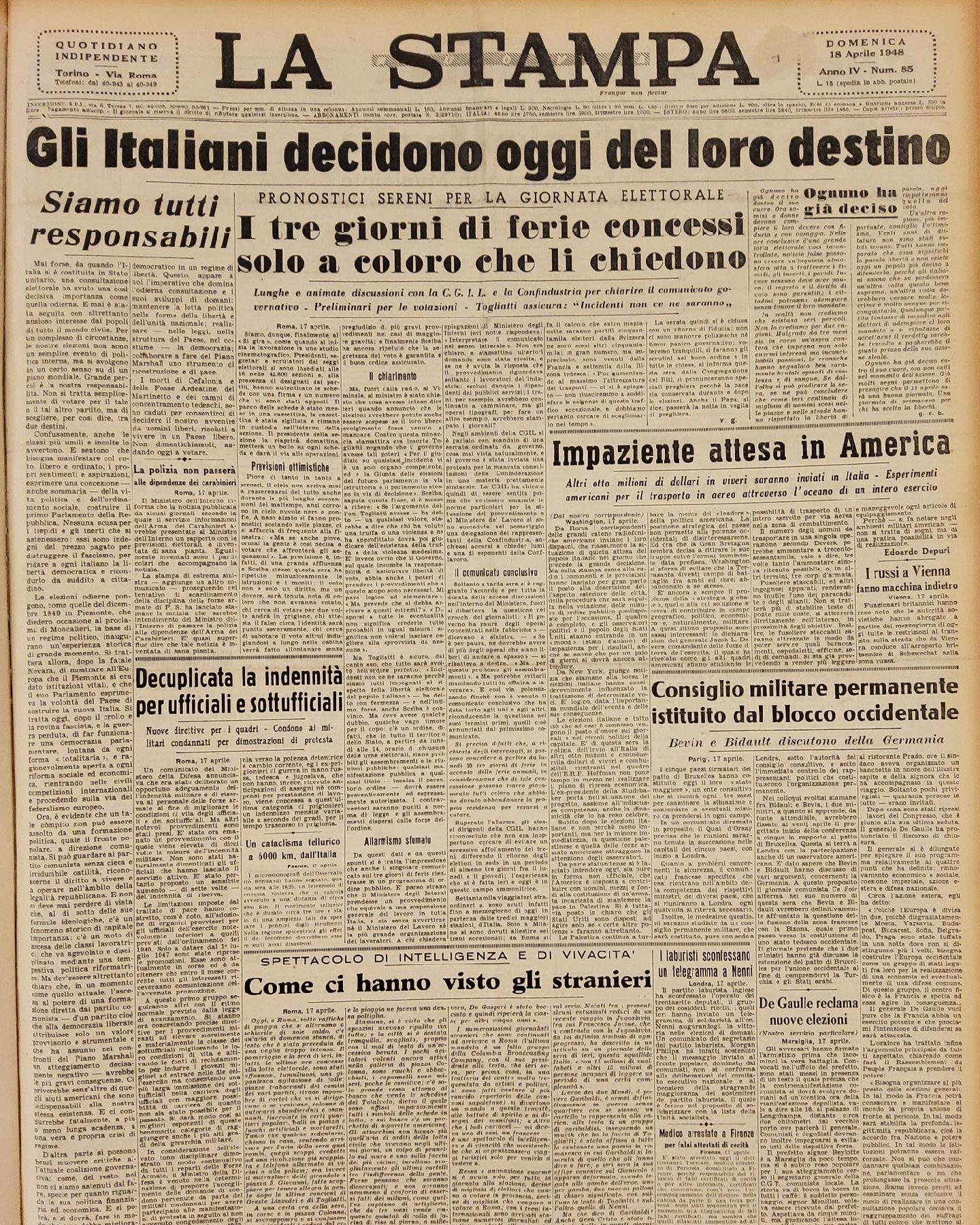 18 aprile 1948 - Prima pagina del quotidiano "La Stampa".