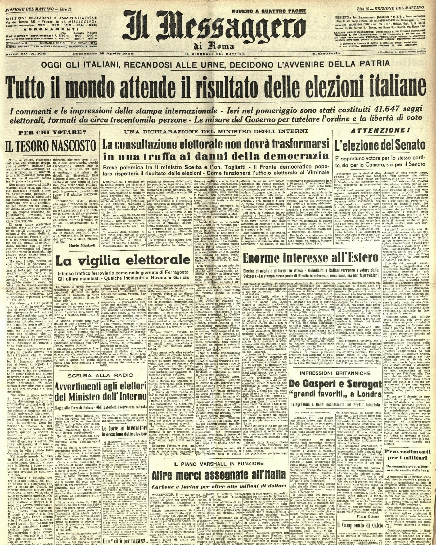 18 aprile 1948 - Prima pagina del quotidiano "Il Messaggero".