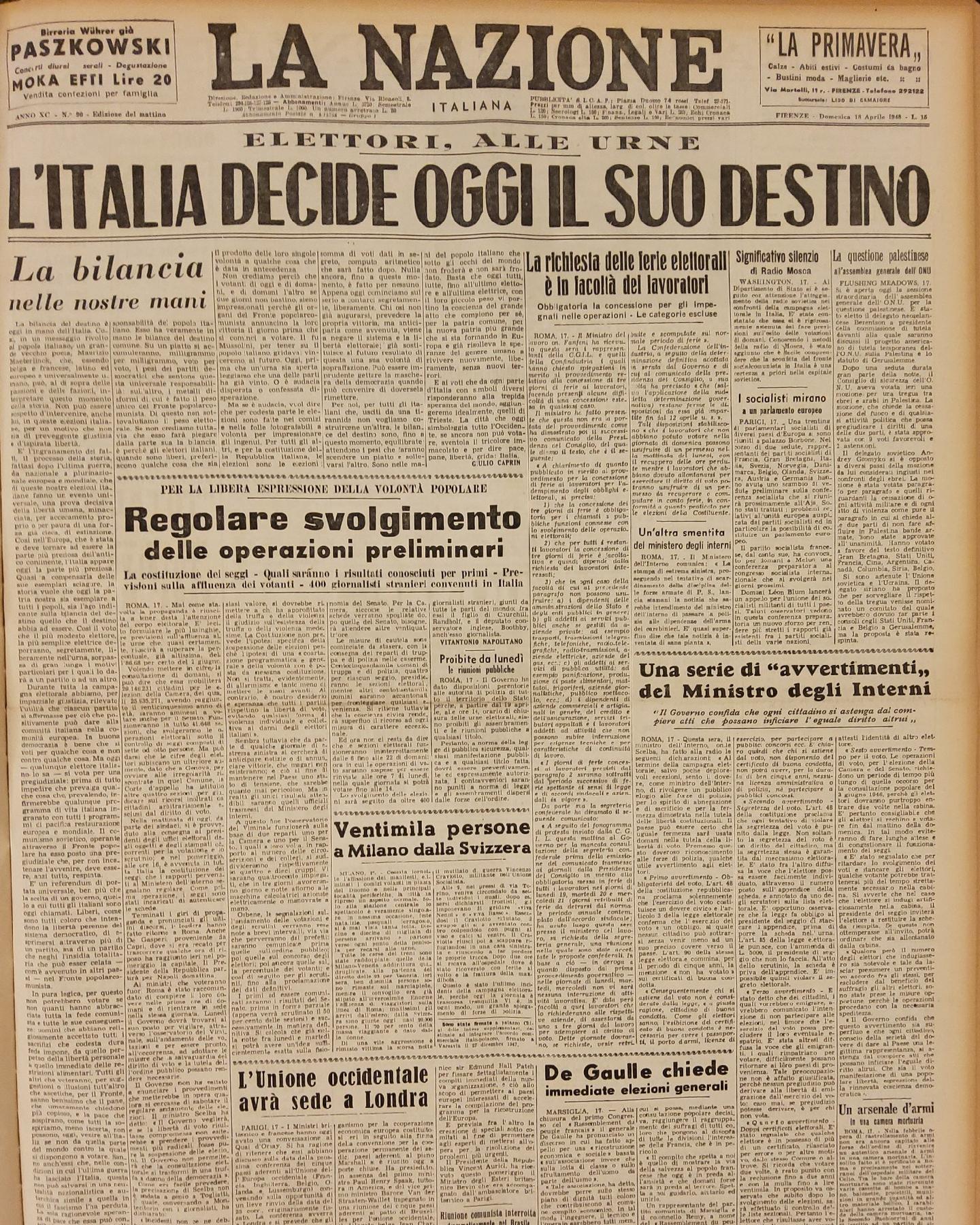 18 aprile 1948 - Prima pagina del quotidiano "La Nazione".