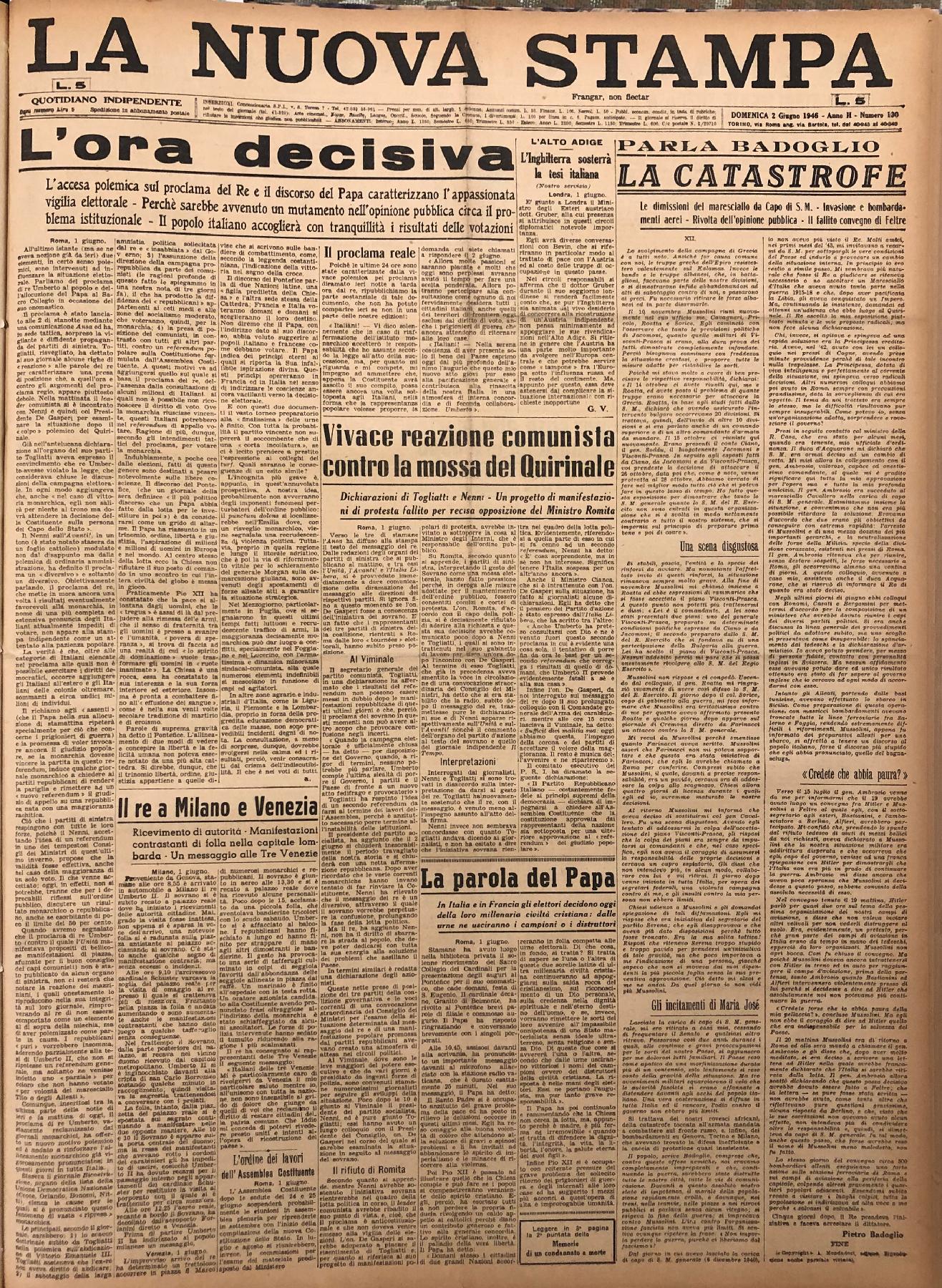 2 giugno 1946 - Prima pagina del quotidiano "La Nuova Stampa".