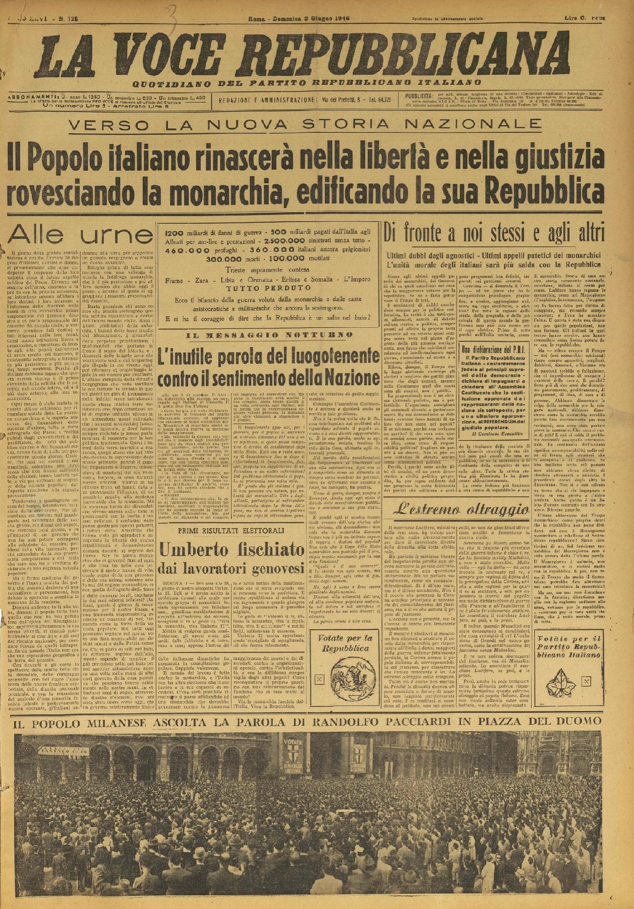 2 giugno 1946 - Prima pagina del quotidiano "La Voce Repubblicana".