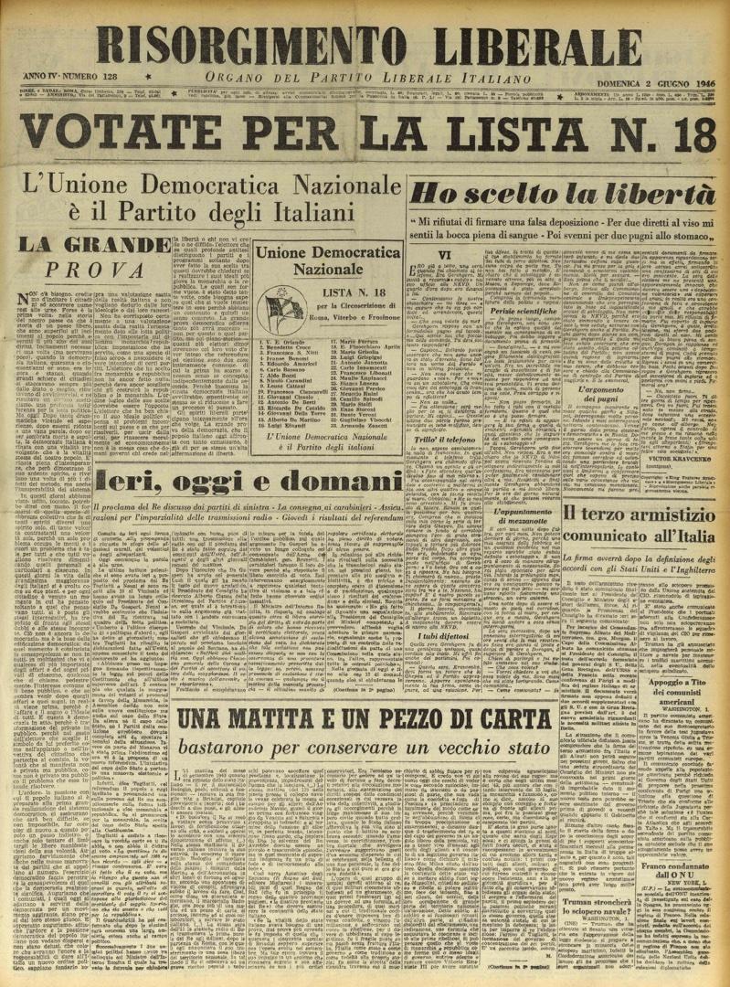 2 giugno 1946 - Prima pagina del quotidiano "Risorgimento Liberale".