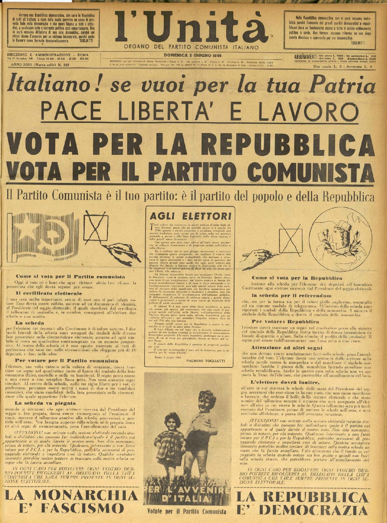 2 giugno 1946 - Prima pagina del quotidiano "L'Unità".