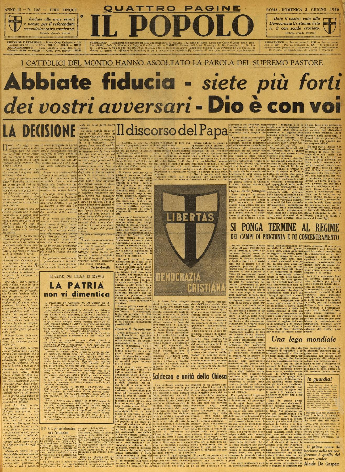 2 giugno 1946 - Prima pagina del quotidiano "Il Popolo".