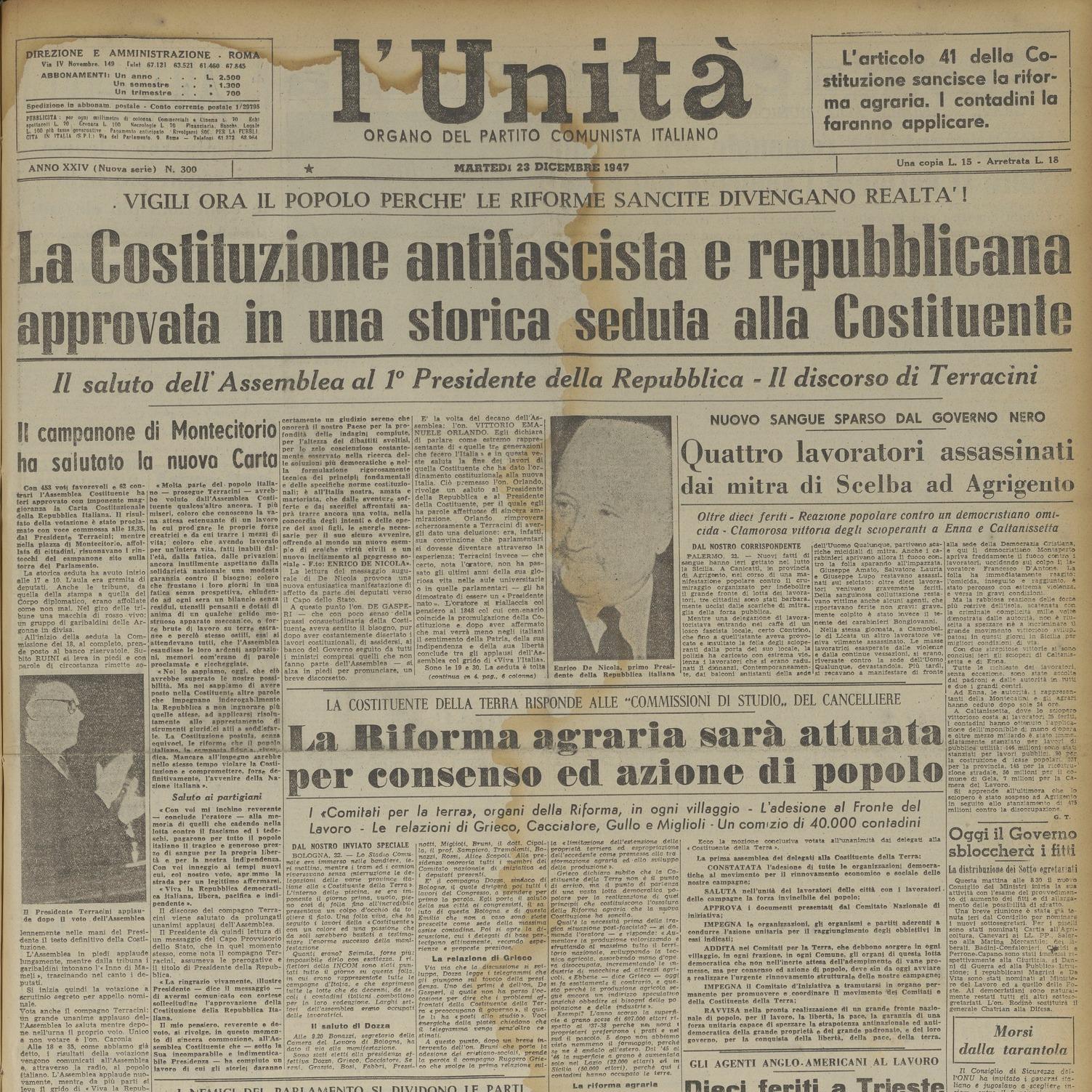 23 dicembre 1947 - Prima pagina del quotidiano "L'Unità"