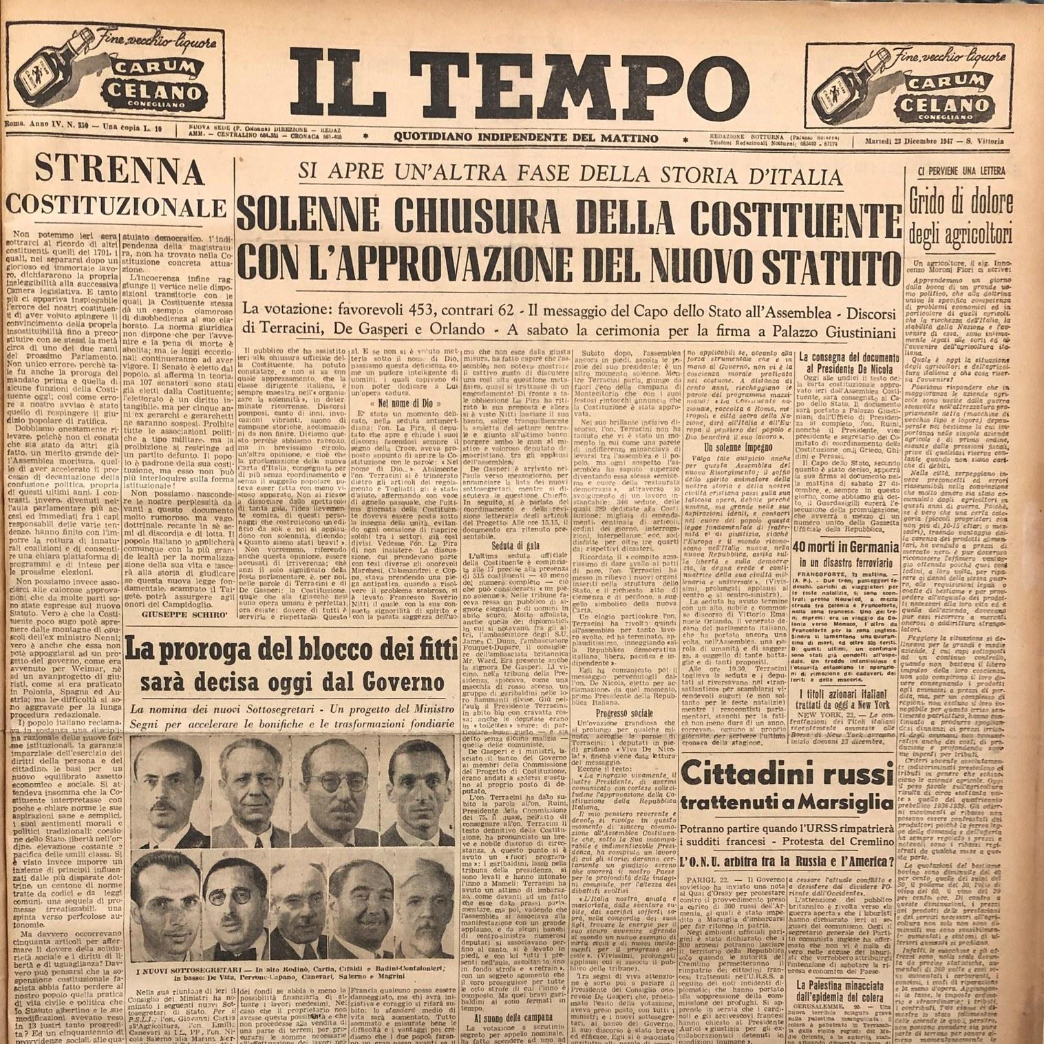 23 dicembre 1947 - Prima pagina del quotidiano "Il Tempo"