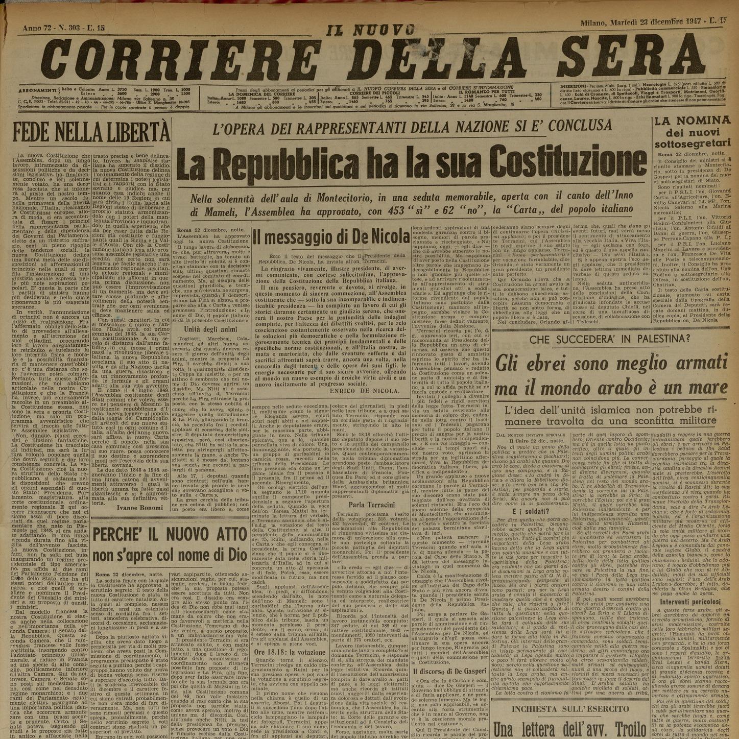23 dicembre 1947 - Prima pagina del quotidiano "Corriere della sera"